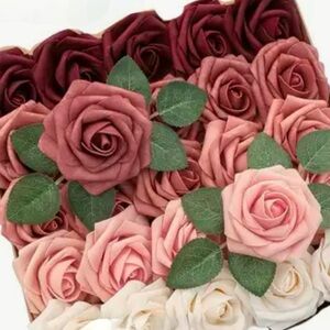 25 artificiall real looking burgundy shade stem roses